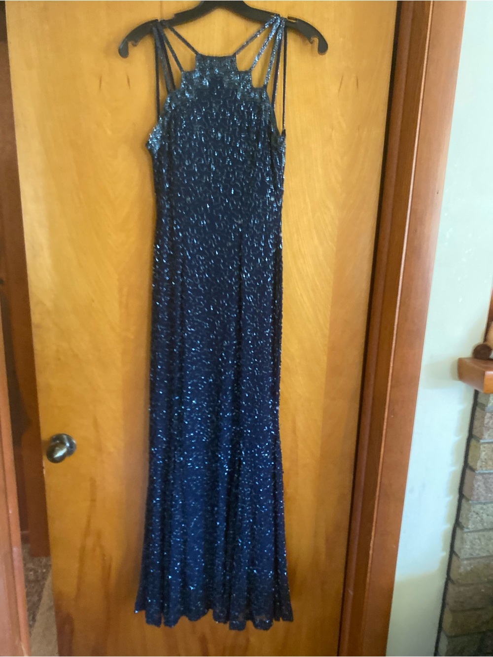 Sean Collection Navy Sparkle Multi-Strap Evening Gown-100% silk. 90s prom.